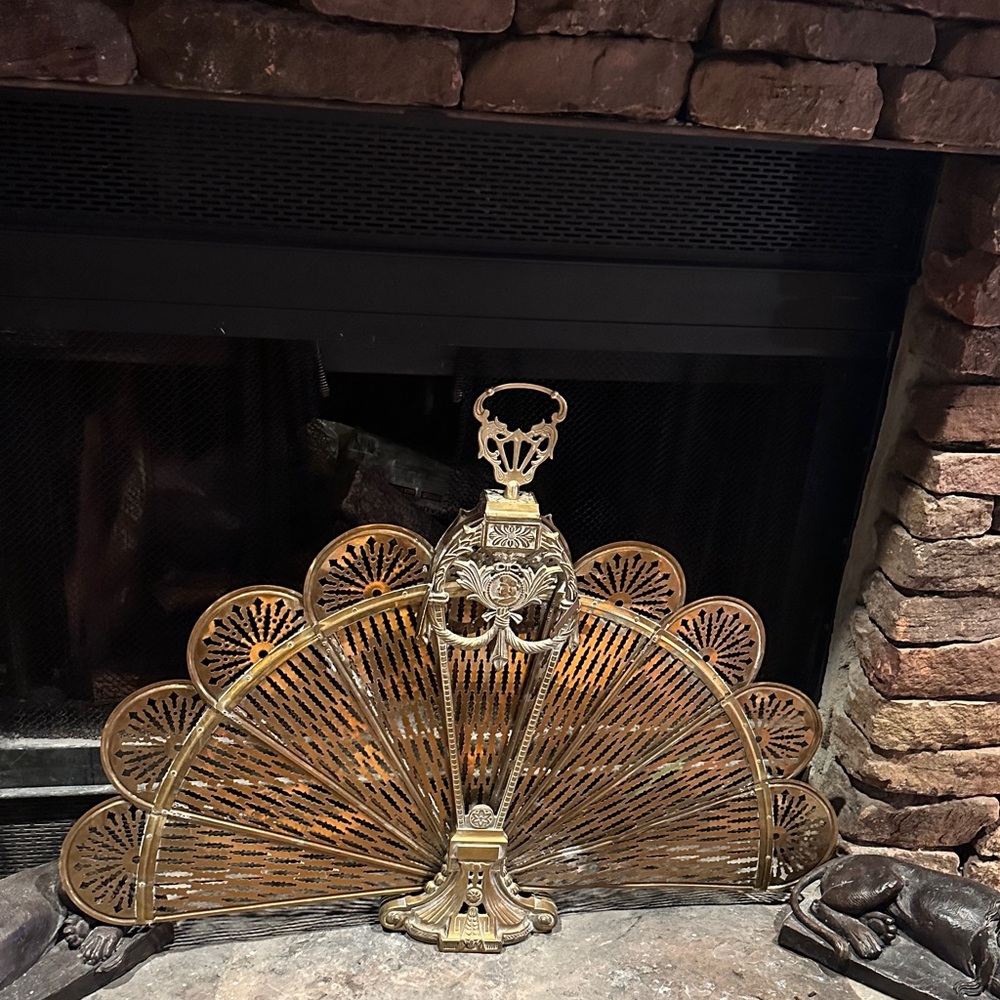 Vintage early 1900 Brass Peacock Fireplace Screen Fan With Cameo & Fine Details